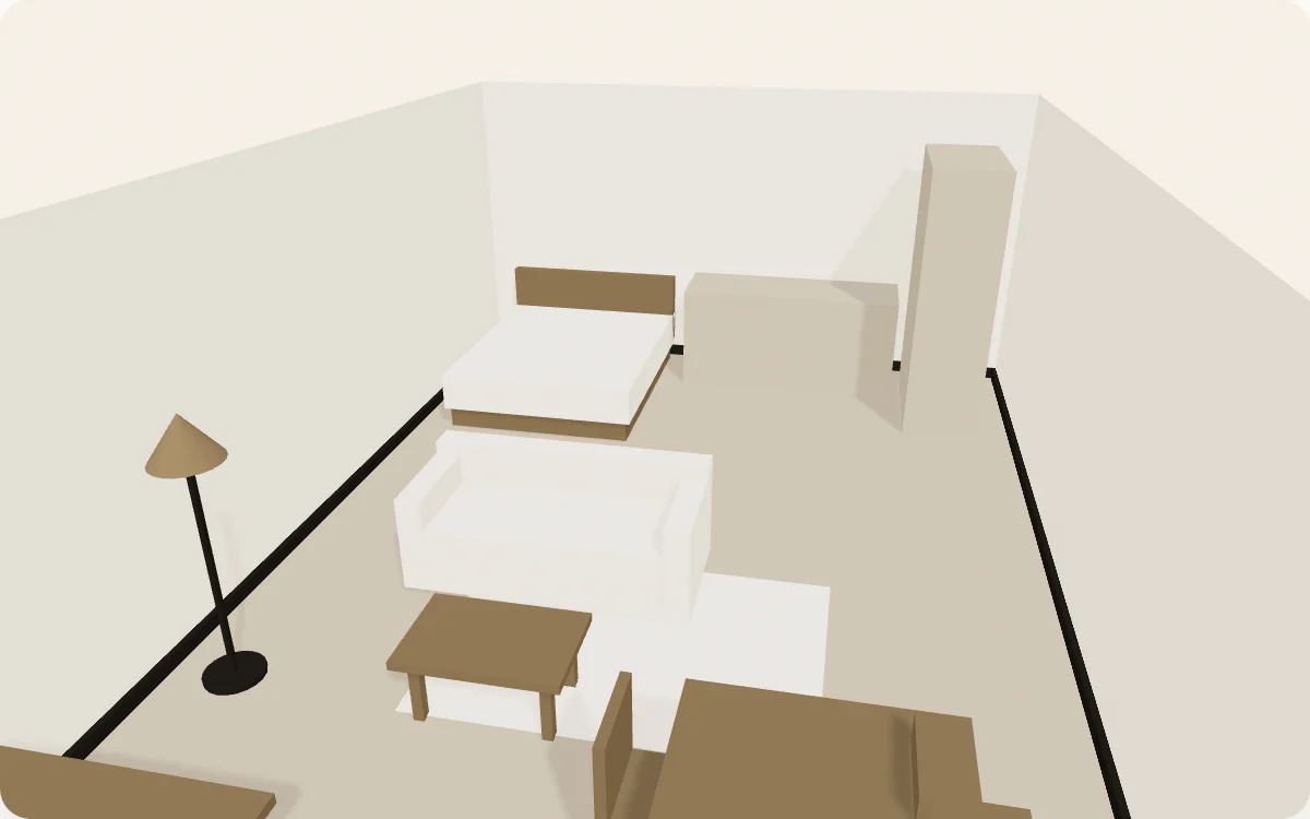 Atelierstudio in 3D: 5 bij 7,5 meter, ingericht volgens het plan