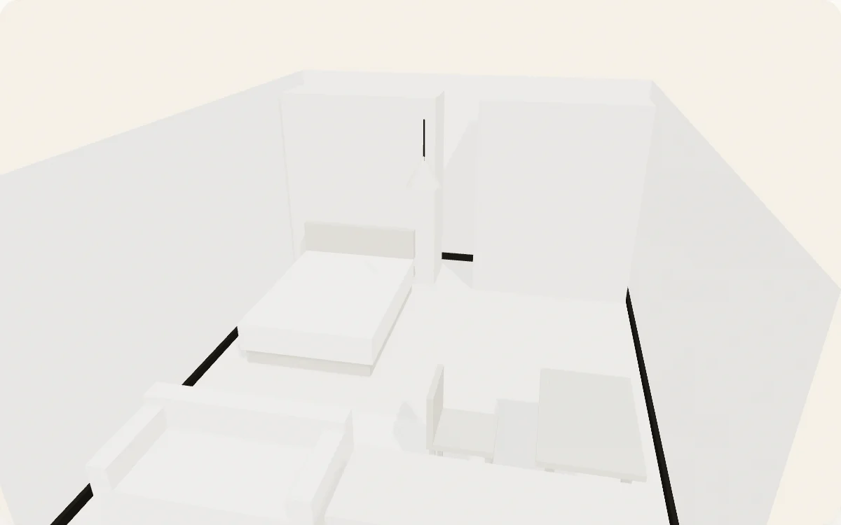 Microstudio in 3D: 4,4 bij 5,6 meter, ingericht volgens het plan